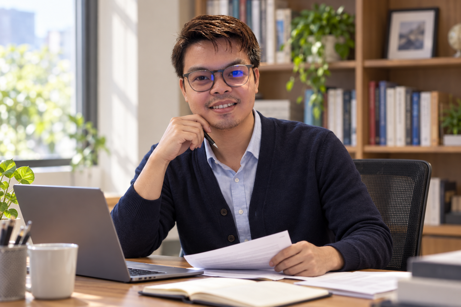 Reviewing research at a desk