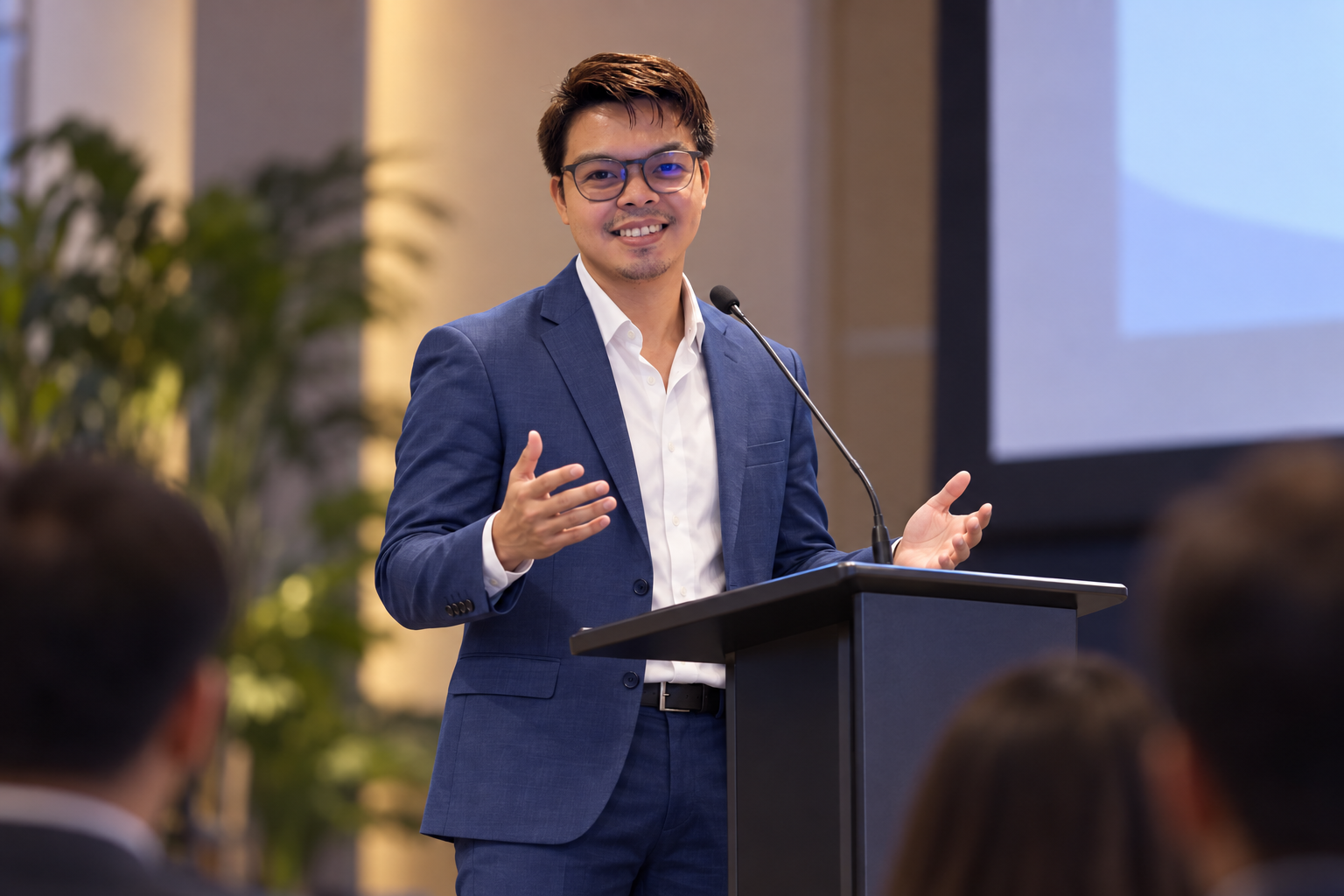 Speaking at a conference podium